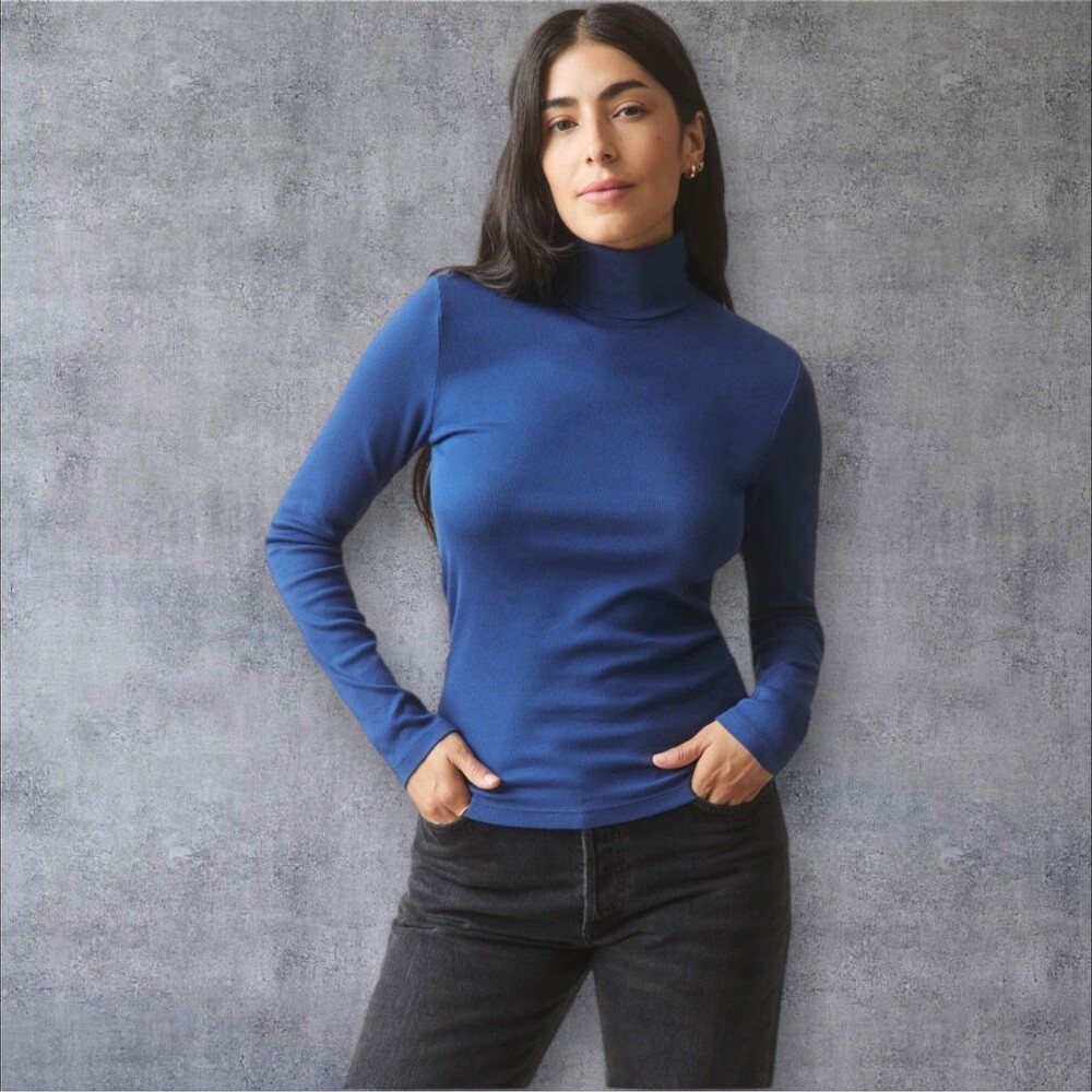 American Giant Turtleneck Womens M Blue Navy Peony Luxe Rib Pullover Casual NEW